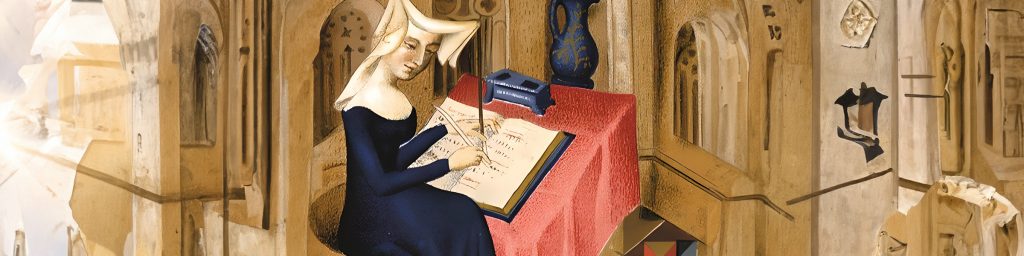 Christine de Pizan bei der Niederschrift eines ihrer Werke (British Library, Harley 4431, fol. 4)