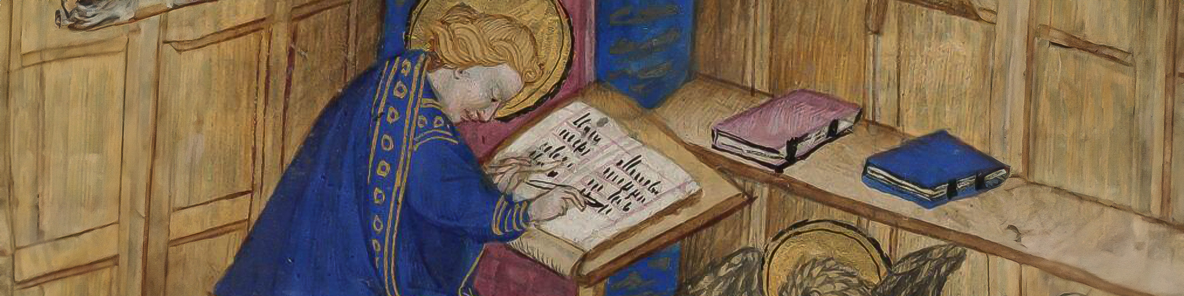 Johannes bei der Niederschrift seines Evangeliums. (Catholic Church. Book of hours (use of Paris) : manuscript, [ca. 1420-1425]. MS Richardson 42. Houghton Library, Harvard University, Cambridge, Mass.)